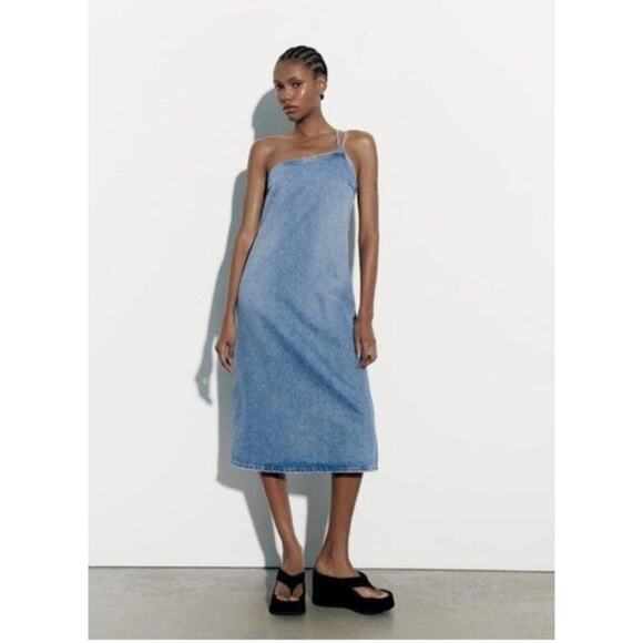 ZARA ASYMMETRIC DENIM MIDI DRESS BLUE Size Extra Small XS - Picture 3 of 11